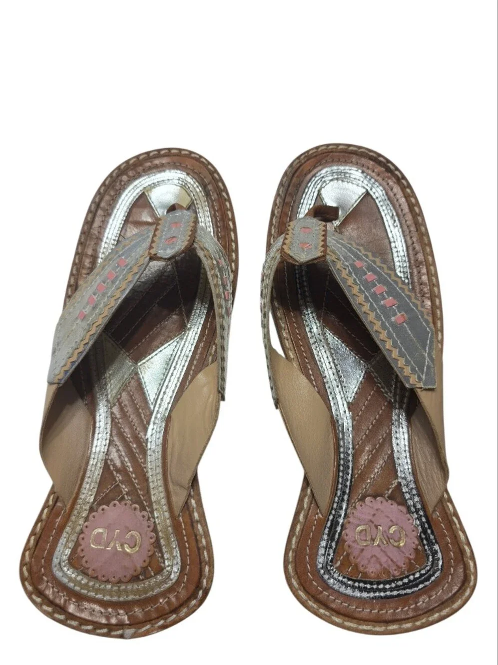 Cydney Mandel Gilt Laser Cut Sunset Sandals with Turquoise/Orange accents Size 9